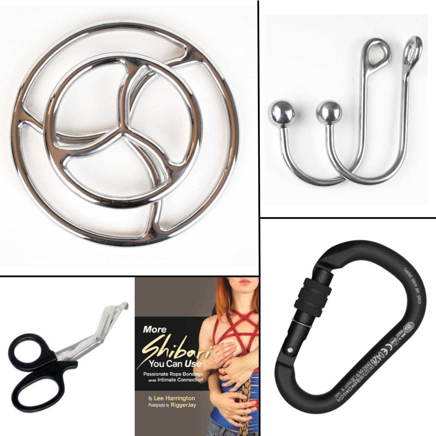 A photo collage of various kink accessories including: a book, rope shears, a carabiner, suspension hooks, and anal hooks.